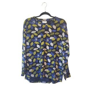 Komil 100% Cotton Navy Leaf Print Long Sleeve Top Size L